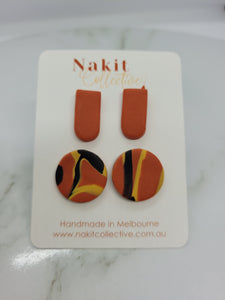 Orange, black and yellow swirl circle  and long arch earring stud pack
