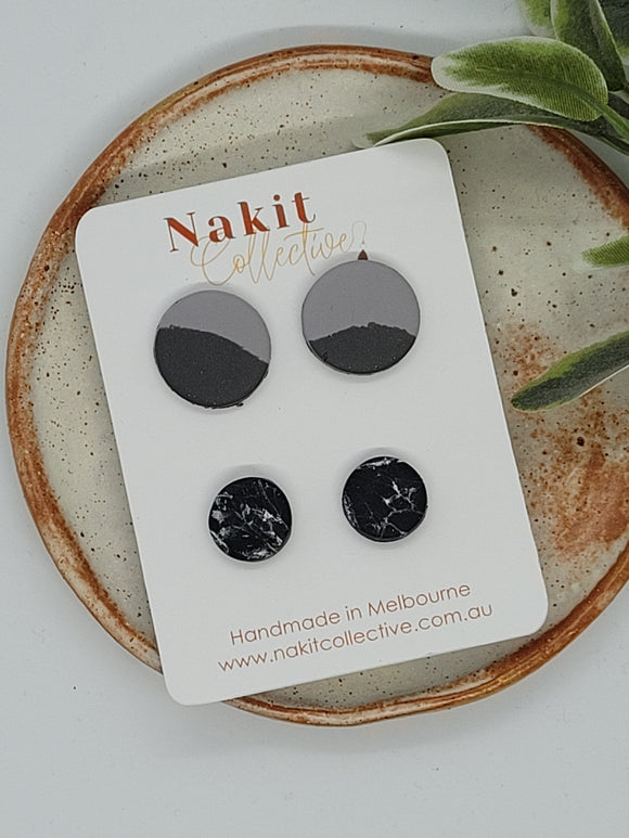 Grey multicolour circle and black marble circle stud pack