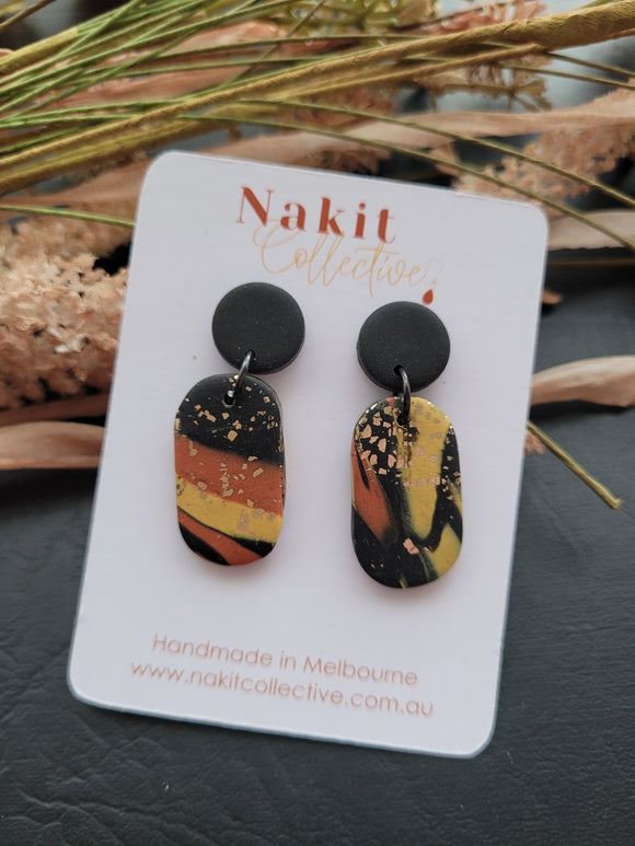 Black, mustard and terracotta oval short dangle earrings