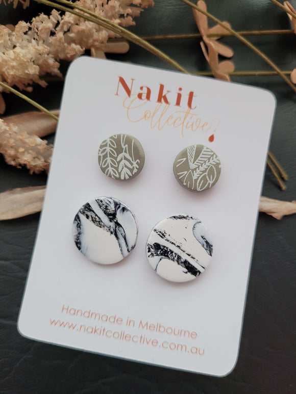 Sage and white circle and white marble stud pack