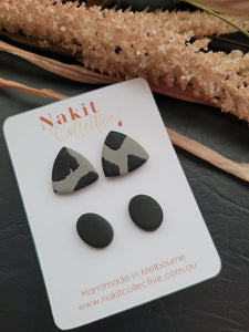 Sage and black triangle and black oval stud pack