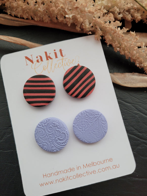 Black and red stripe circle and lilac embossed circle stud pack