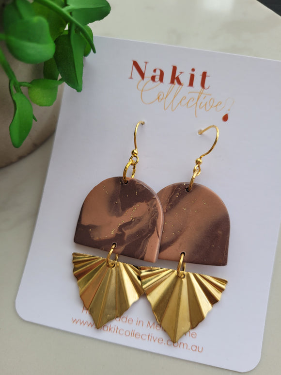 Latte and brown with gold foil half circle and brass dangle earrings