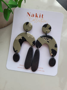 Khaki green and black with gold foil arch and circle dangle earrings