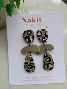 Leopard and khaki green organic dangle earrings