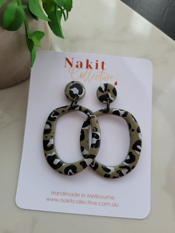 Leopard and Khaki organic donut circle dangle earrings